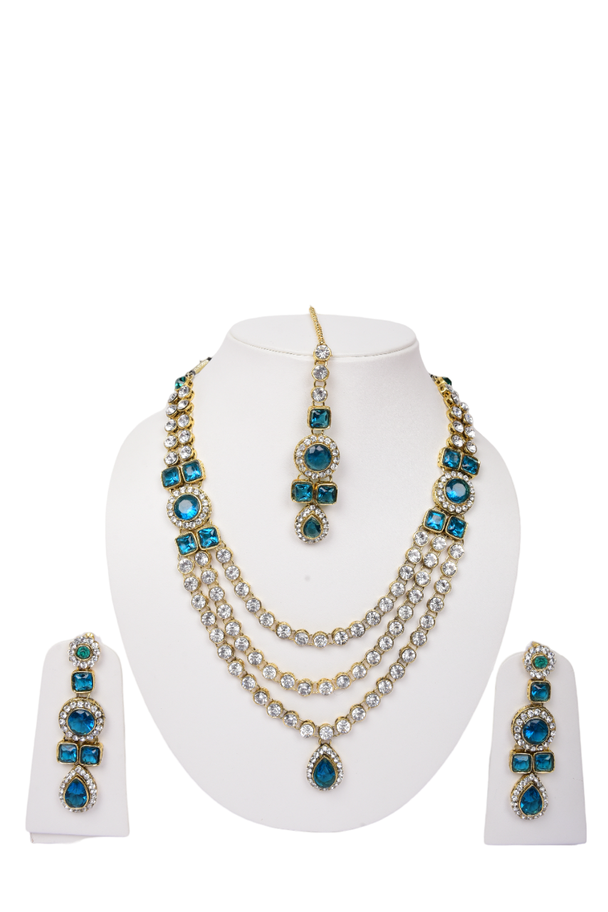 Namokriti Royal Blue Kundan Necklace Set for Women | Bridal Jewelry with Earrings & Maang Tikka
